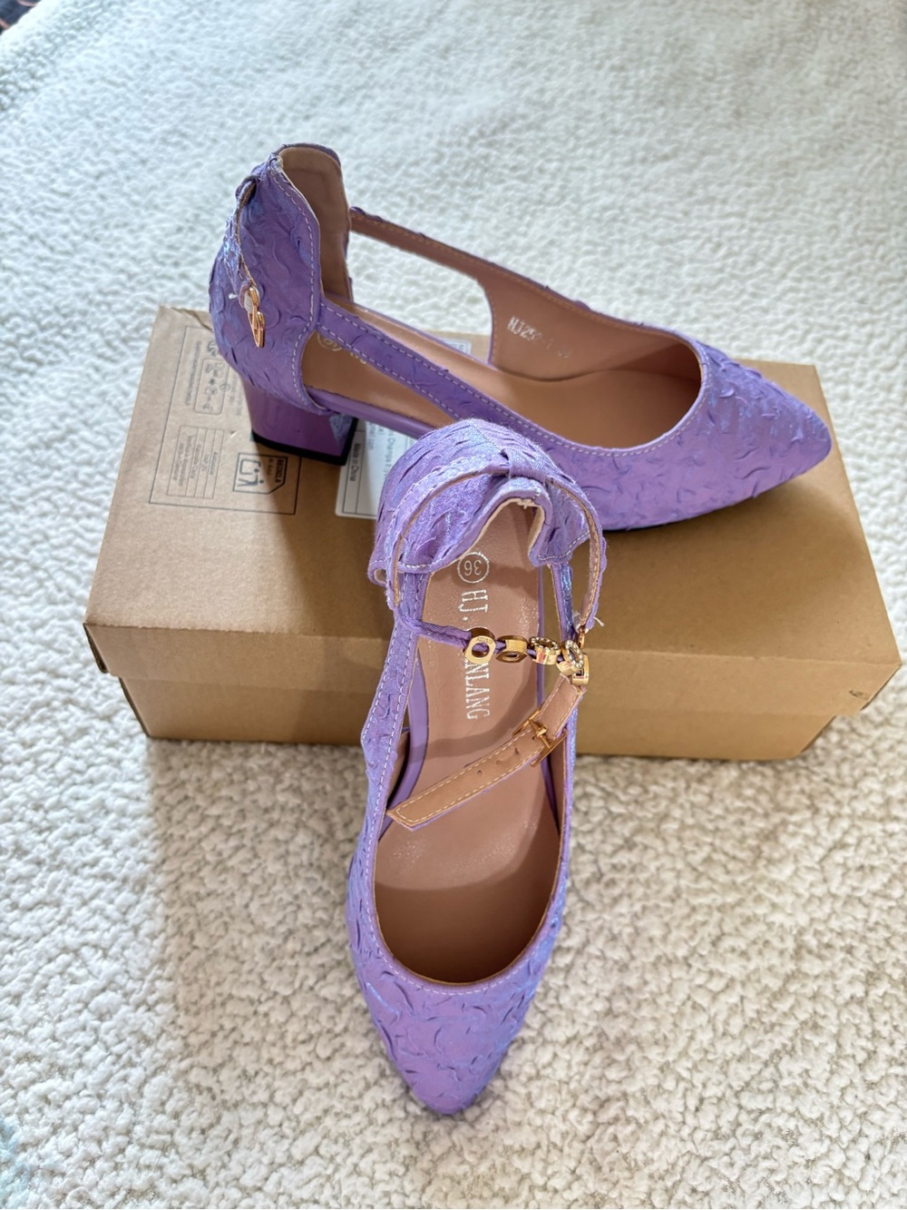 SHEIN Lavender Textured Block Heel Pumps with Ankle Strap